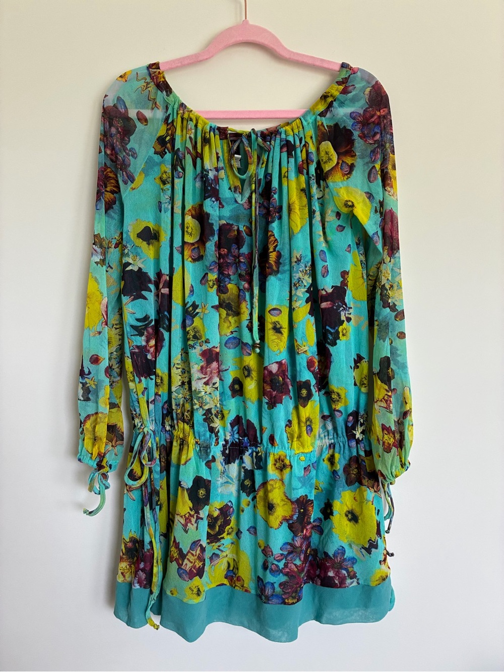 Jean Paul Gaultier Soleil Turquoise Floral Print mesh mini dress size small